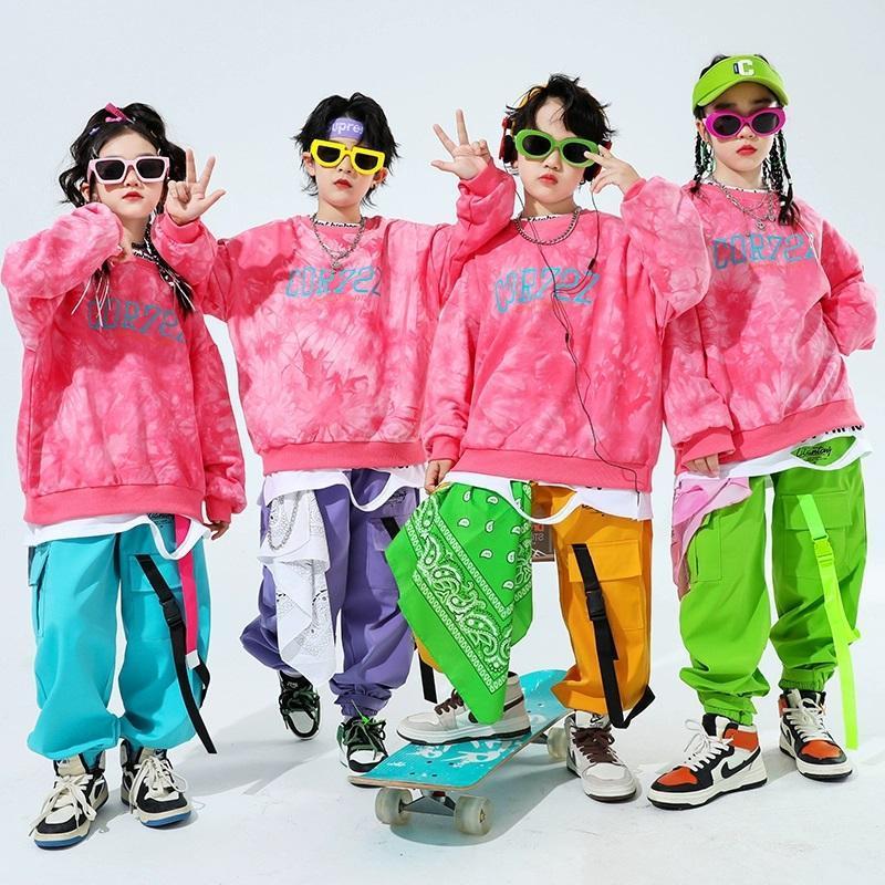 キッズダンス衣装 セットアップ ヒップホップ 衣装 子供ダンス服 スウェット パンツ タイダイ柄 派手 K-POP 韓国 ピンク 紫 黄緑 黄色 水色の画像