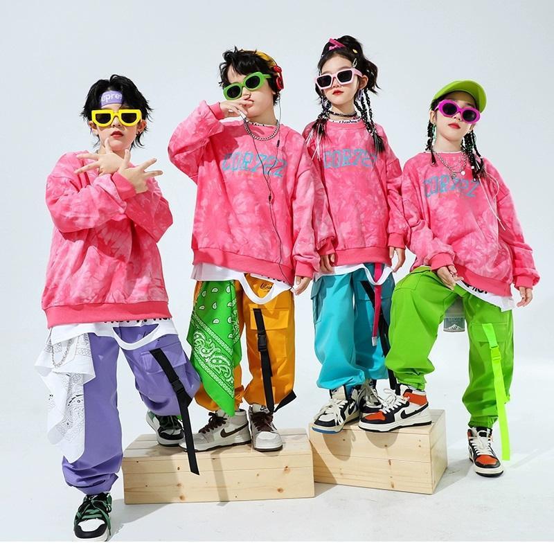 キッズダンス衣装 セットアップ ヒップホップ 衣装 子供ダンス服 スウェット パンツ タイダイ柄 派手 K-POP 韓国 ピンク 紫 黄緑 黄色 水色の画像