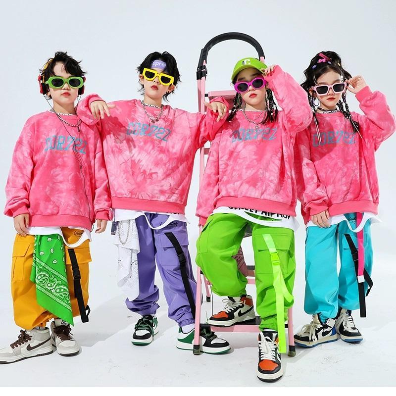 キッズダンス衣装 セットアップ ヒップホップ 衣装 子供ダンス服 スウェット パンツ タイダイ柄 派手 K-POP 韓国 ピンク 紫 黄緑 黄色 水色の画像