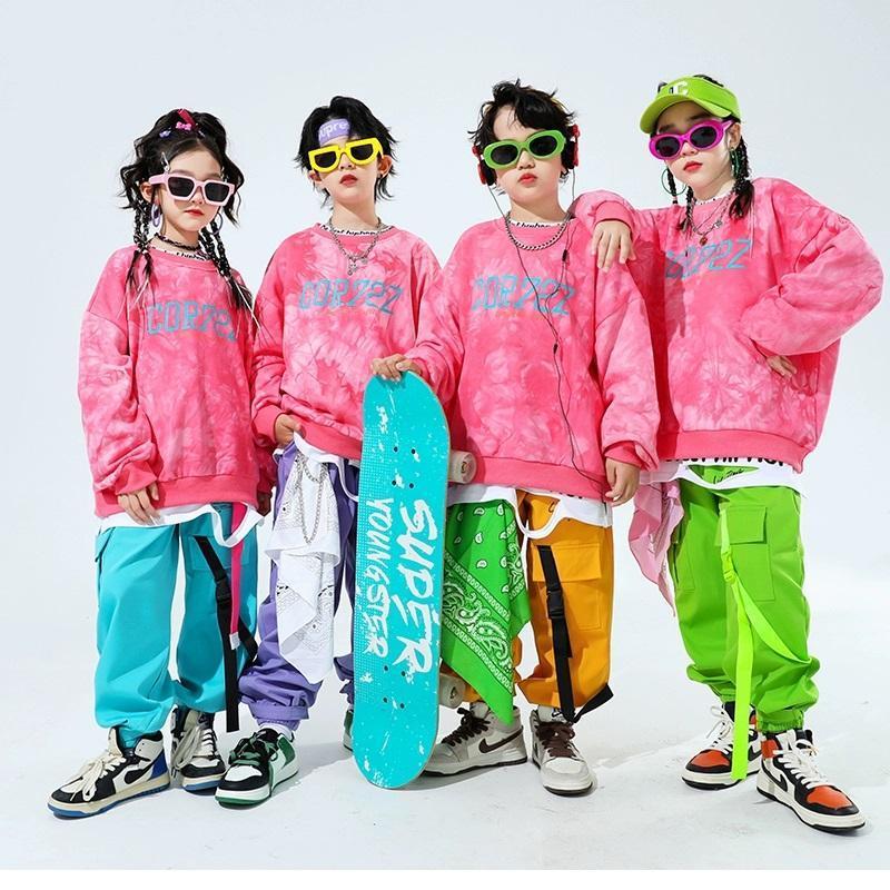 キッズダンス衣装 セットアップ ヒップホップ 衣装 子供ダンス服 スウェット パンツ タイダイ柄 派手 K-POP 韓国 ピンク 紫 黄緑 黄色 水色の画像