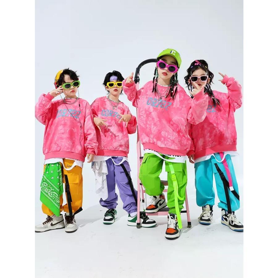 キッズダンス衣装 セットアップ ヒップホップ 衣装 子供ダンス服 スウェット パンツ タイダイ柄 派手 K-POP 韓国 ピンク 紫 黄緑 黄色 水色の画像
