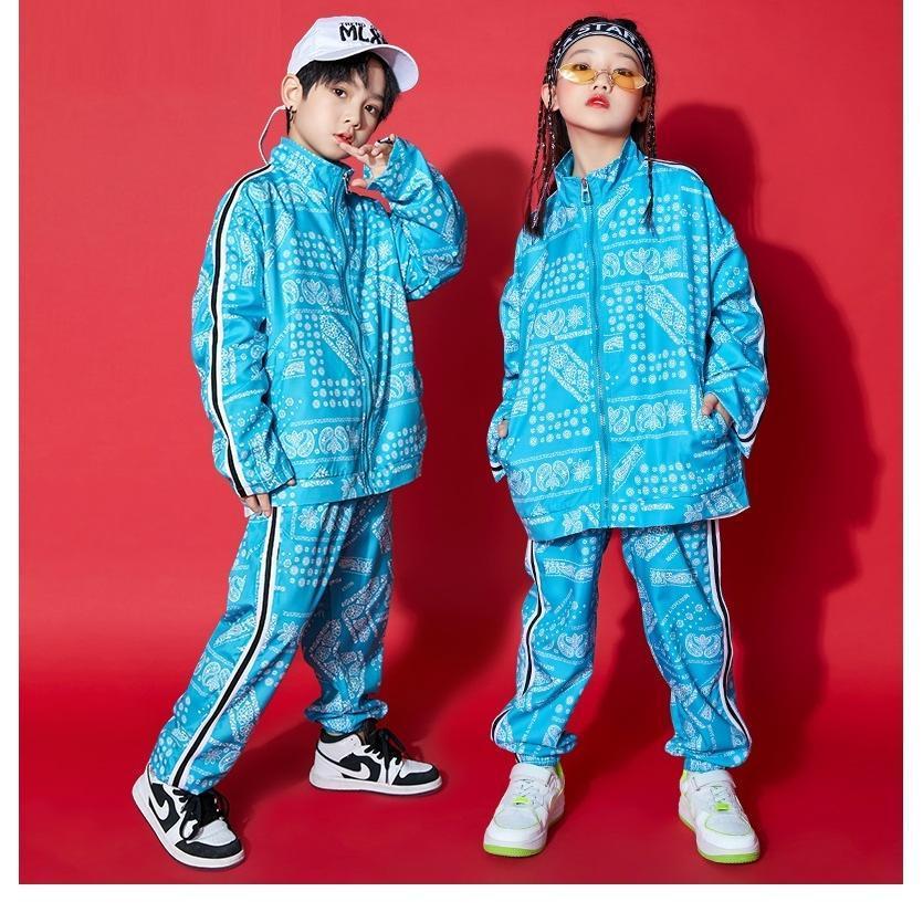 キッズダンス衣装セットアップ ヒップホップ ファッション ダンス衣装 ペイズリー柄 黒 オレンジ 水色の画像