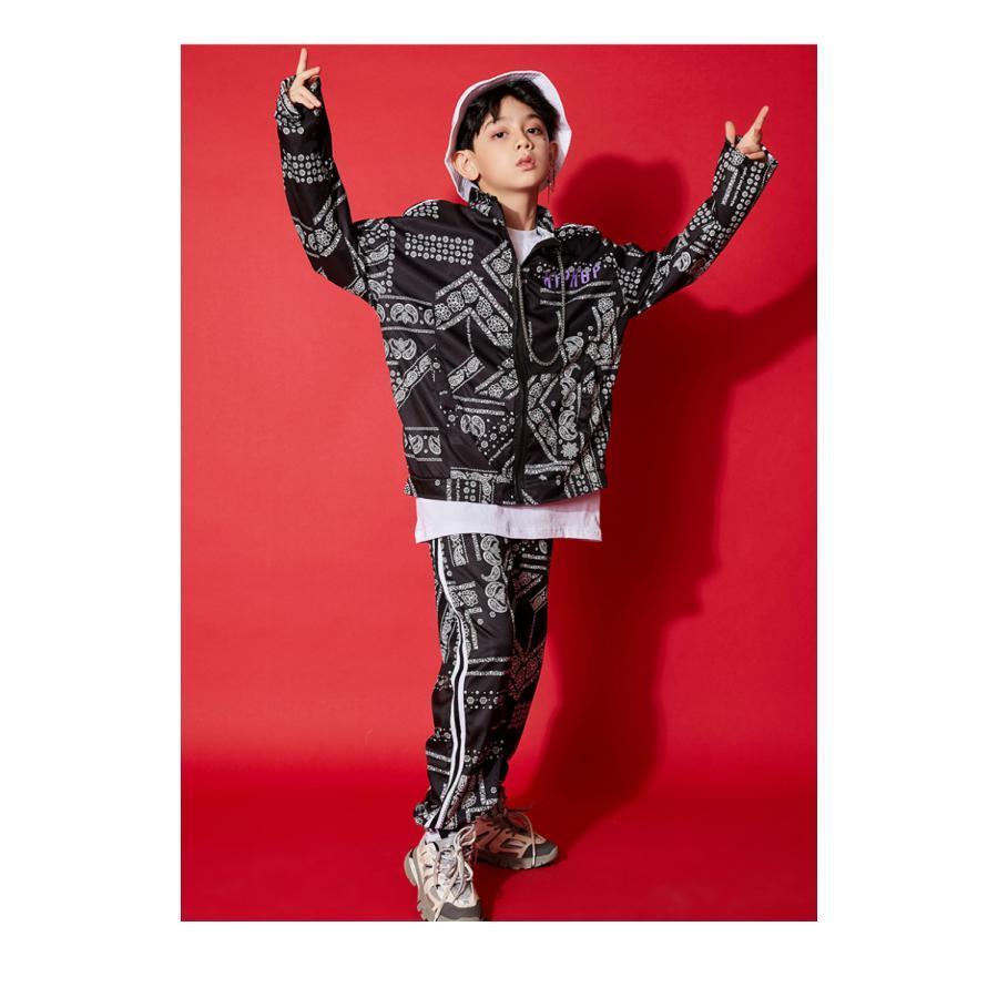 キッズダンス衣装セットアップ ヒップホップ ファッション ダンス衣装 ペイズリー柄 黒 オレンジ 水色の画像