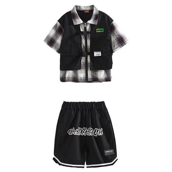 キッズダンス衣装 セットアップ チェックシャツ ハーフパンツ ヒップホップ ダンスファッション 派手 韓国 K-POP 白黒 黒の画像