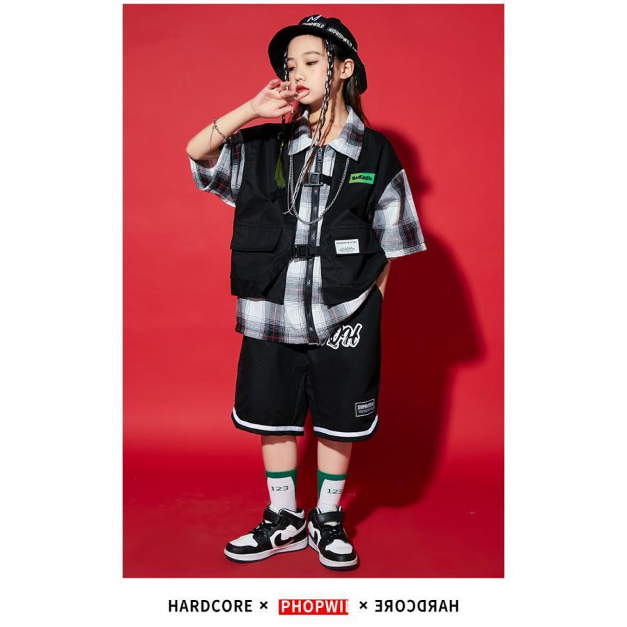 キッズダンス衣装 セットアップ チェックシャツ ハーフパンツ ヒップホップ ダンスファッション 派手 韓国 K-POP 白黒 黒の画像