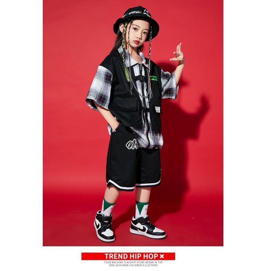 キッズダンス衣装 セットアップ チェックシャツ ハーフパンツ ヒップホップ ダンスファッション 派手 韓国 K-POP 白黒 黒の画像