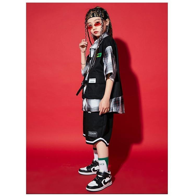 キッズダンス衣装 セットアップ チェックシャツ ハーフパンツ ヒップホップ ダンスファッション 派手 韓国 K-POP 白黒 黒の画像