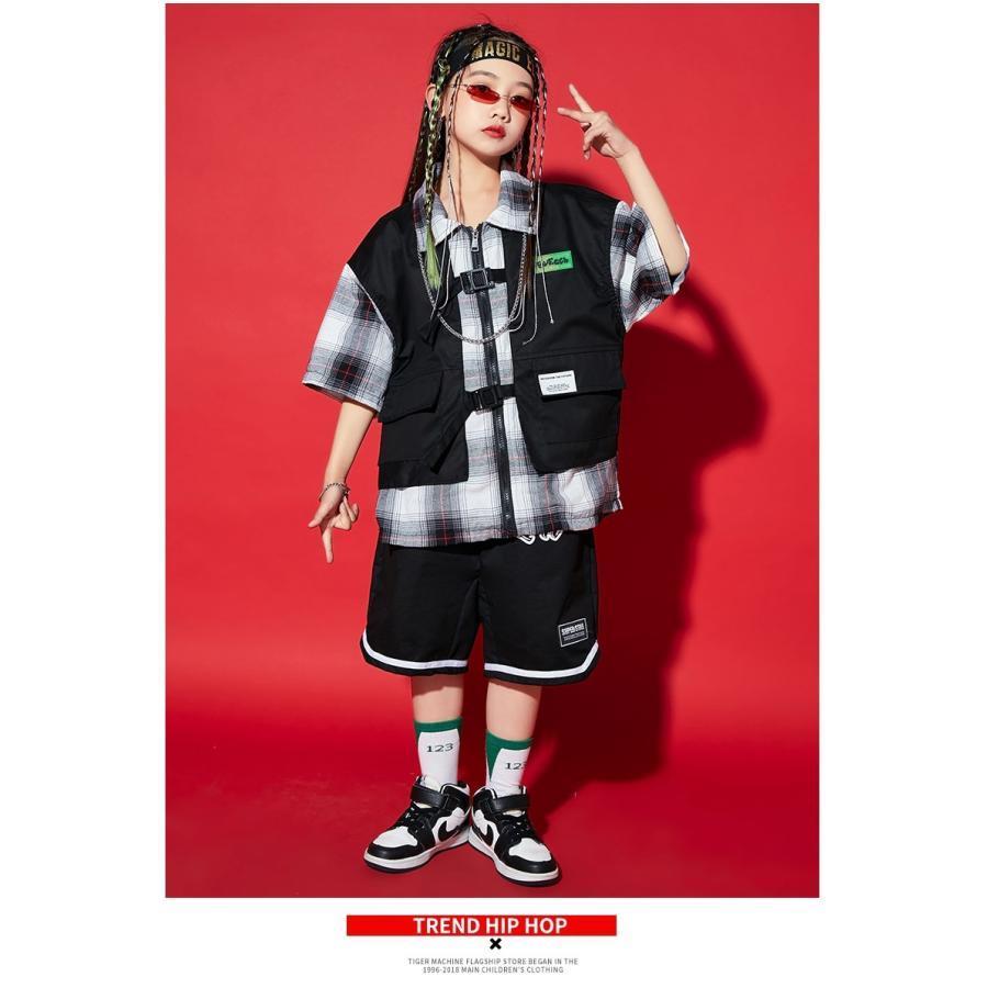 キッズダンス衣装 セットアップ チェックシャツ ハーフパンツ ヒップホップ ダンスファッション 派手 韓国 K-POP 白黒 黒の画像