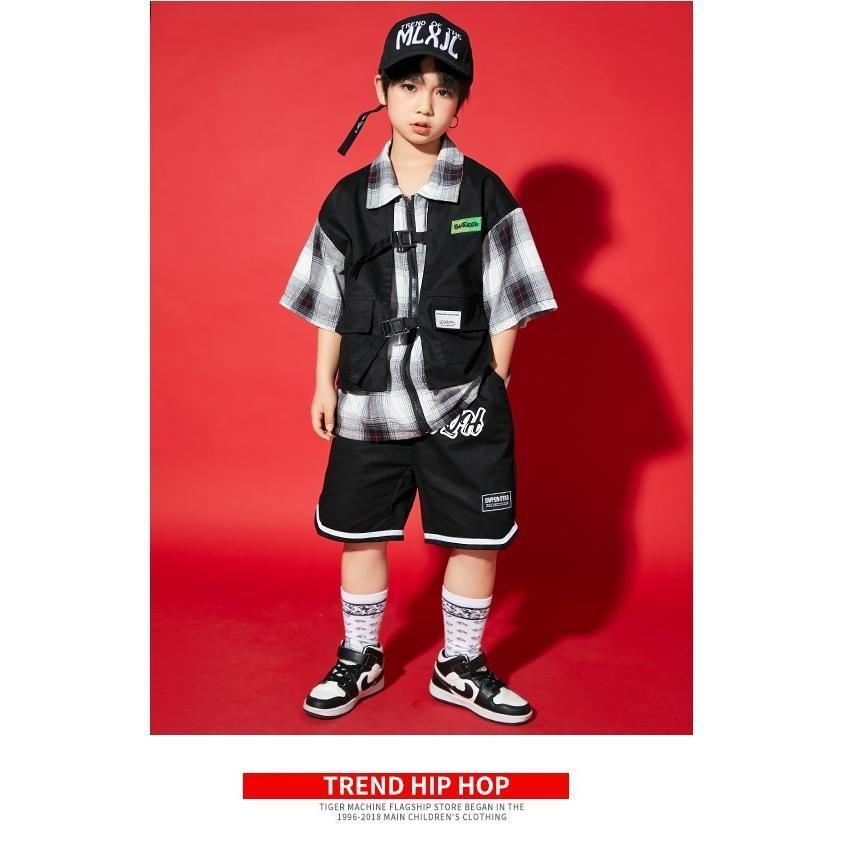 キッズダンス衣装 セットアップ チェックシャツ ハーフパンツ ヒップホップ ダンスファッション 派手 韓国 K-POP 白黒 黒の画像