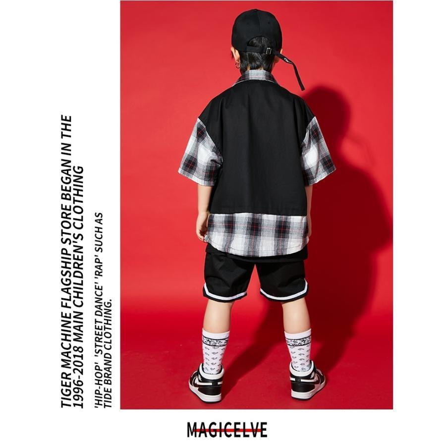 キッズダンス衣装 セットアップ チェックシャツ ハーフパンツ ヒップホップ ダンスファッション 派手 韓国 K-POP 白黒 黒の画像