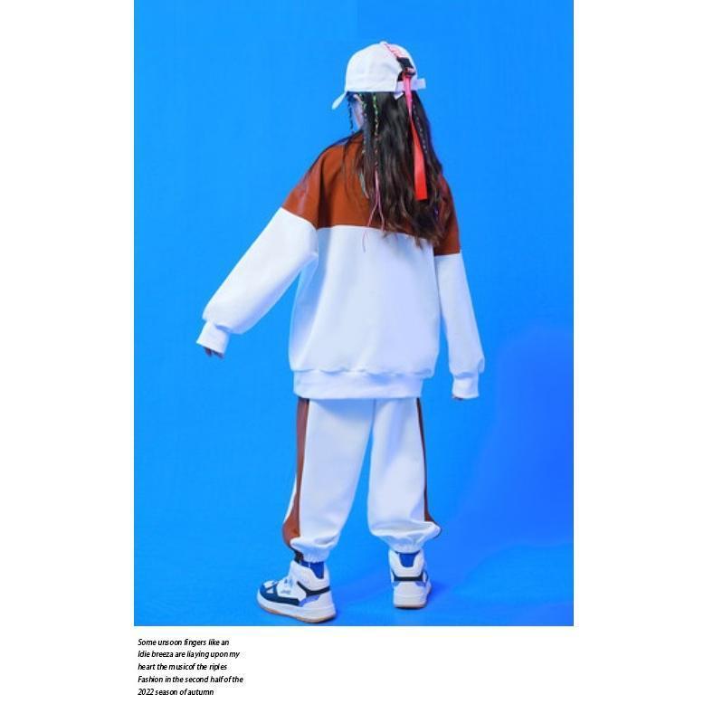 キッズダンス衣装 ジャージ 上下 ヒップホップ ファッション セットアップ ジャケット パンツ 派手 韓国 K-POP 白 茶色の画像