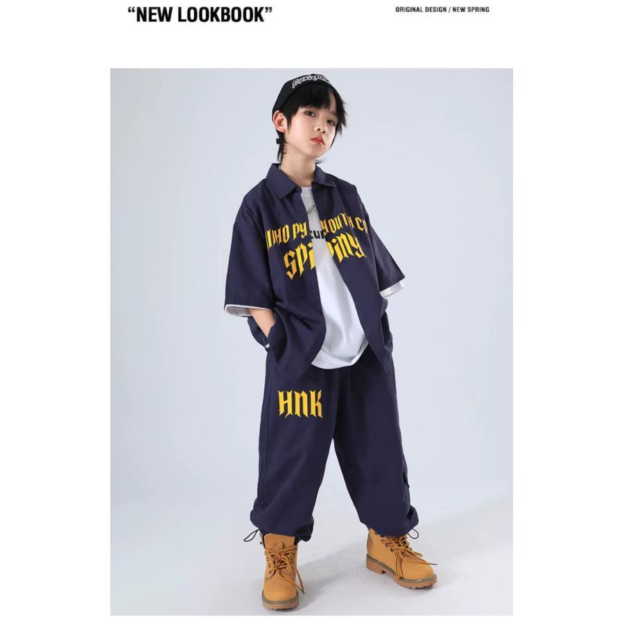 キッズ ダンス 衣装 ネイビー ヒップホップ ダンス衣装 セットアップ 子供ダンス服 派手 韓国 K-POP hiphop 男の子 ガールズ ダンス衣装 キッズ シャツ パンツの画像