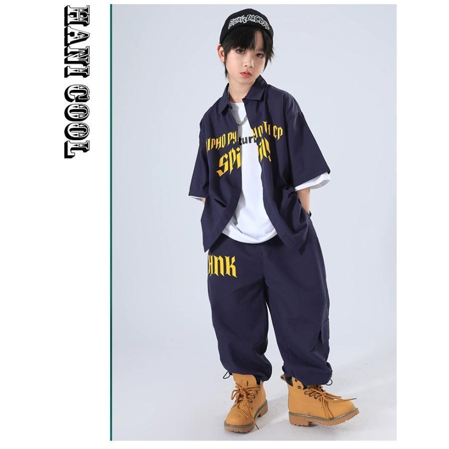 キッズ ダンス 衣装 ネイビー ヒップホップ ダンス衣装 セットアップ 子供ダンス服 派手 韓国 K-POP hiphop 男の子 ガールズ ダンス衣装 キッズ シャツ パンツの画像