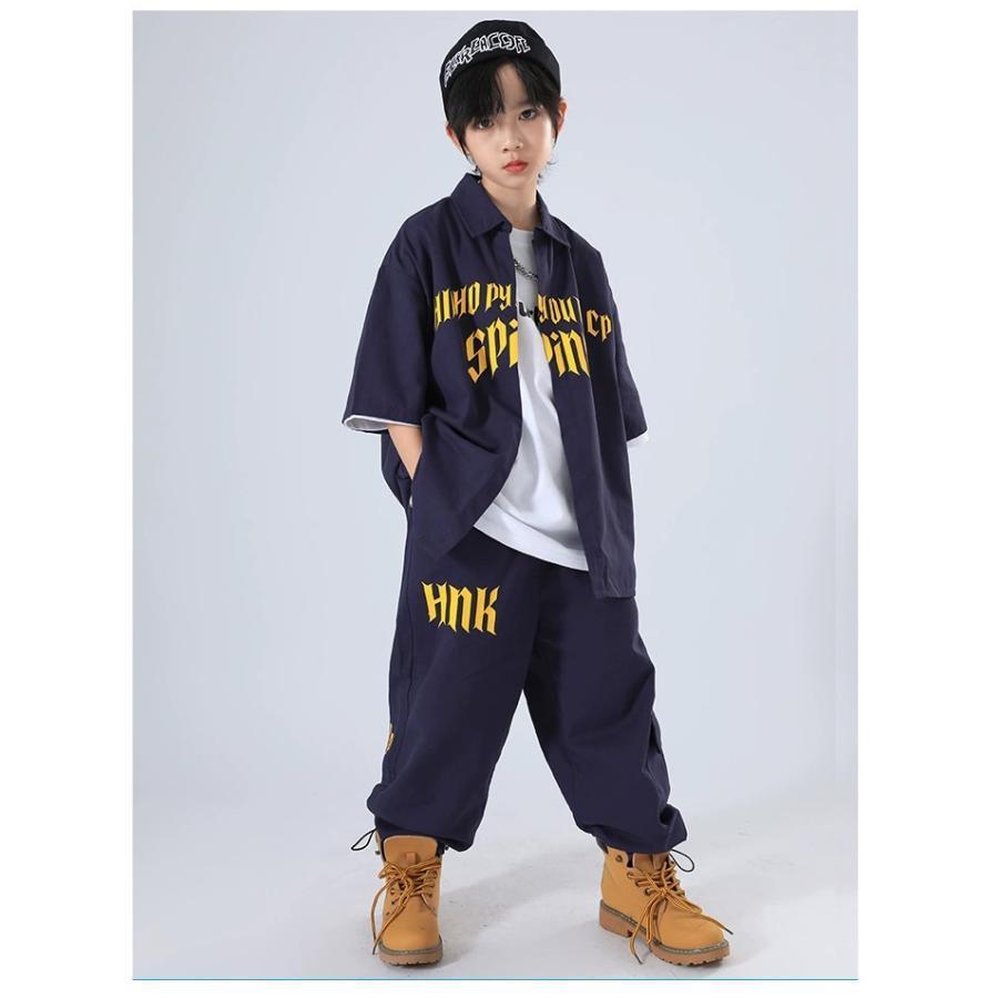 キッズ ダンス 衣装 ネイビー ヒップホップ ダンス衣装 セットアップ 子供ダンス服 派手 韓国 K-POP hiphop 男の子 ガールズ ダンス衣装 キッズ シャツ パンツの画像