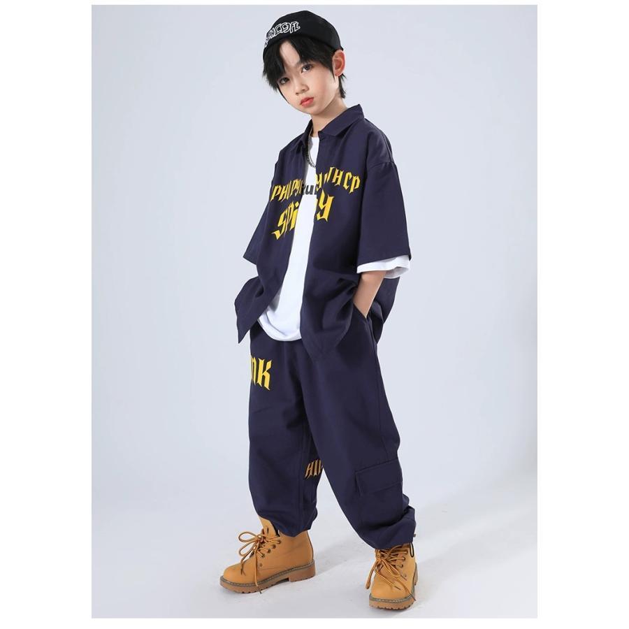 キッズ ダンス 衣装 ネイビー ヒップホップ ダンス衣装 セットアップ 子供ダンス服 派手 韓国 K-POP hiphop 男の子 ガールズ ダンス衣装 キッズ シャツ パンツの画像