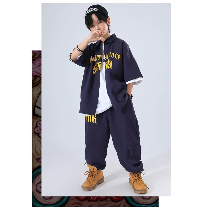 キッズ ダンス 衣装 ネイビー ヒップホップ ダンス衣装 セットアップ 子供ダンス服 派手 韓国 K-POP hiphop 男の子 ガールズ ダンス衣装 キッズ シャツ パンツの画像
