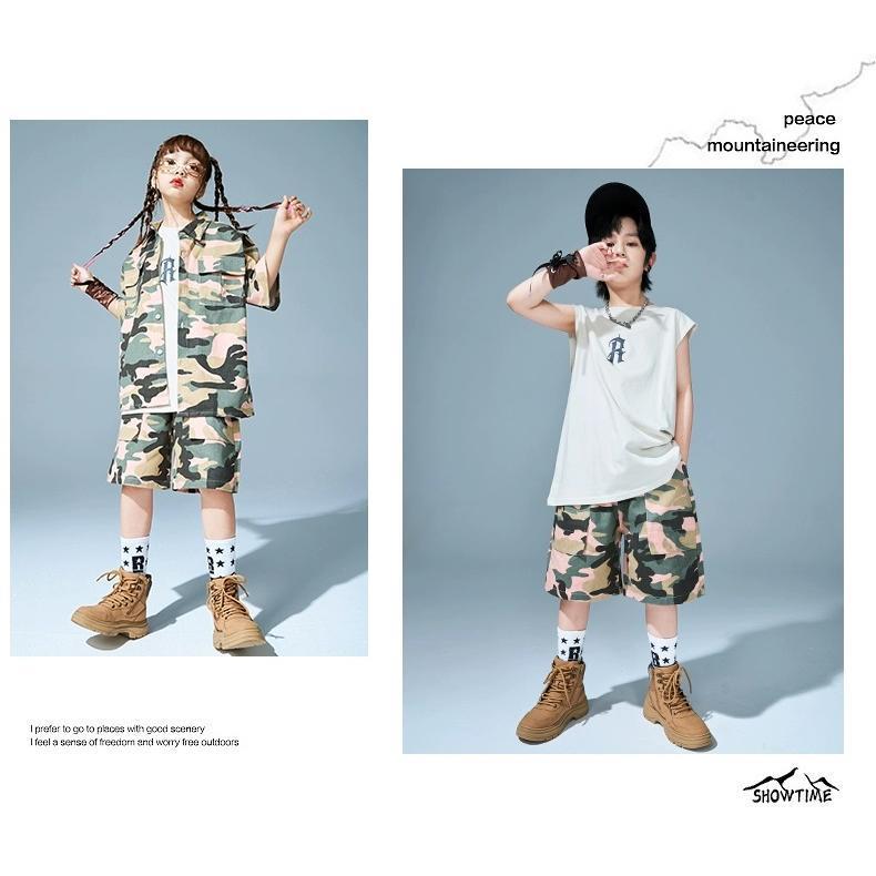 キッズダンス衣装 セットアップ ヒップホップ ダンス衣装 迷彩シャツ