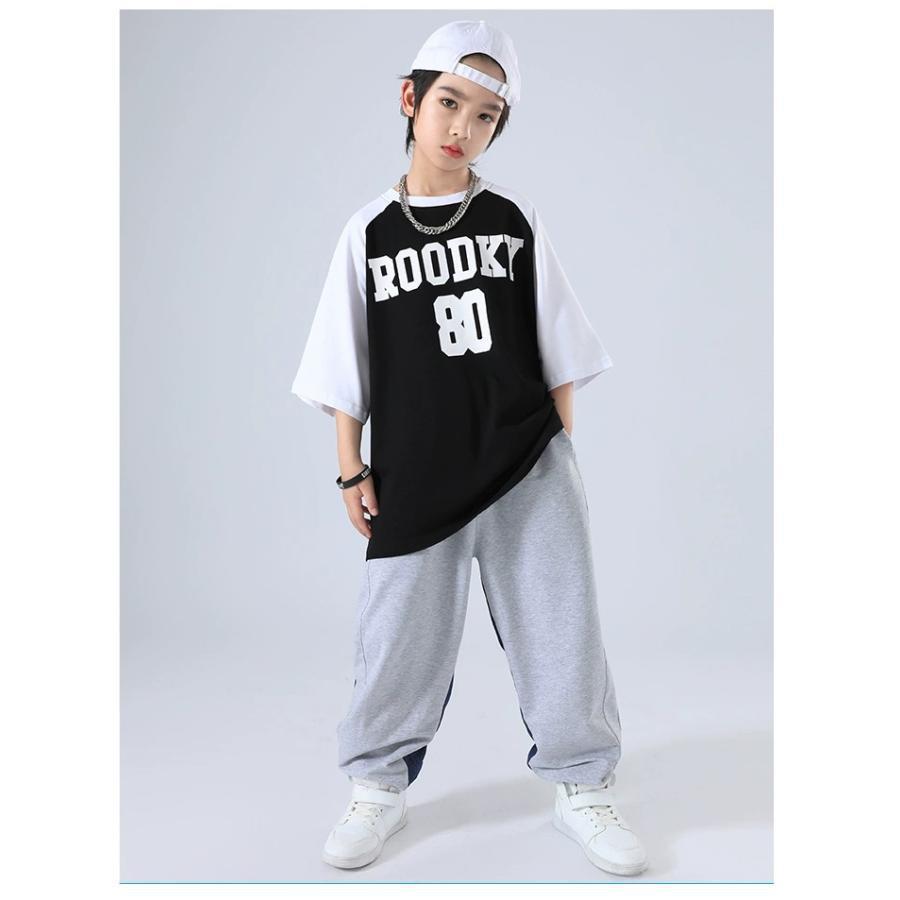 キッズ ダンス 衣装 黒 グレー ヒップホップ ダンス衣装 セットアップ 子供ダンス服 派手 韓国 K-POP Tシャツ パンツの画像