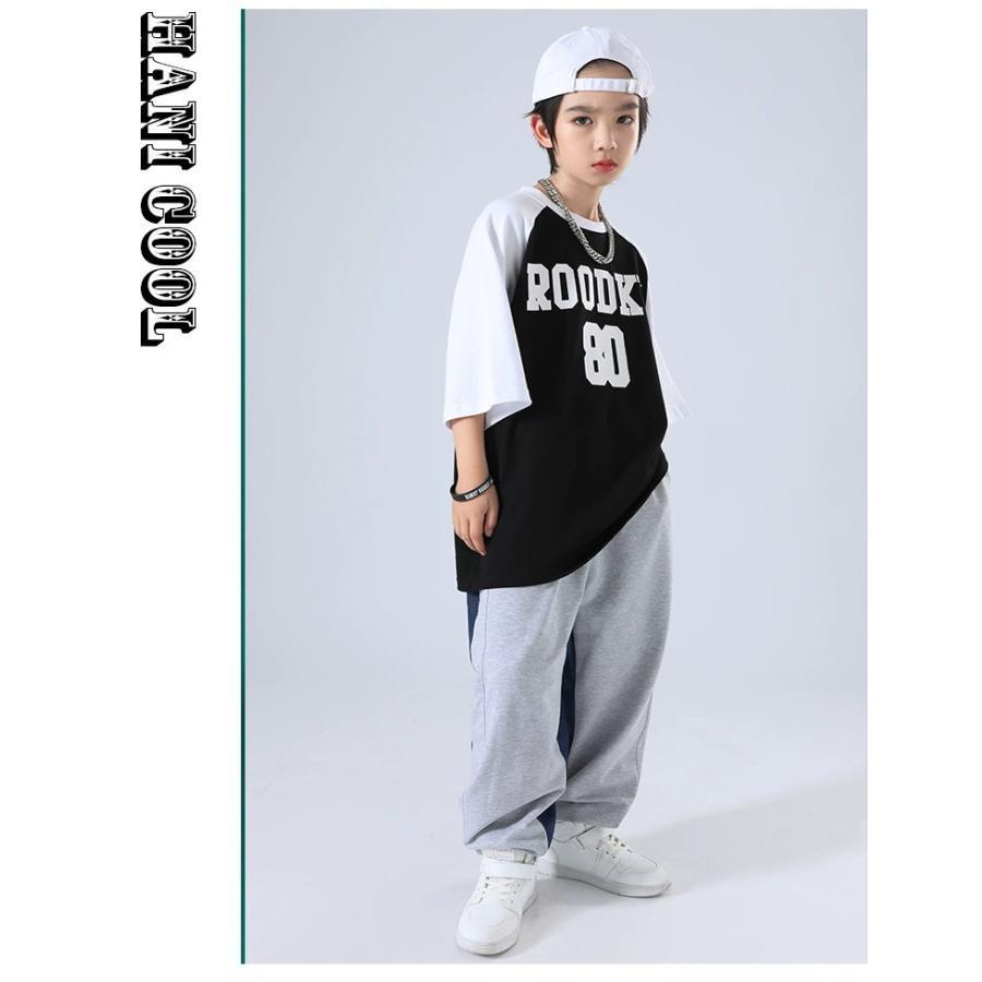 キッズ ダンス 衣装 黒 グレー ヒップホップ ダンス衣装 セットアップ 子供ダンス服 派手 韓国 K-POP Tシャツ パンツの画像
