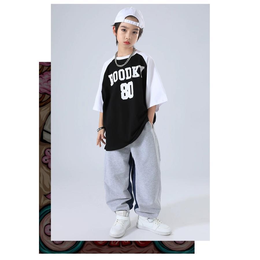 キッズ ダンス 衣装 黒 グレー ヒップホップ ダンス衣装 セットアップ 子供ダンス服 派手 韓国 K-POP Tシャツ パンツの画像