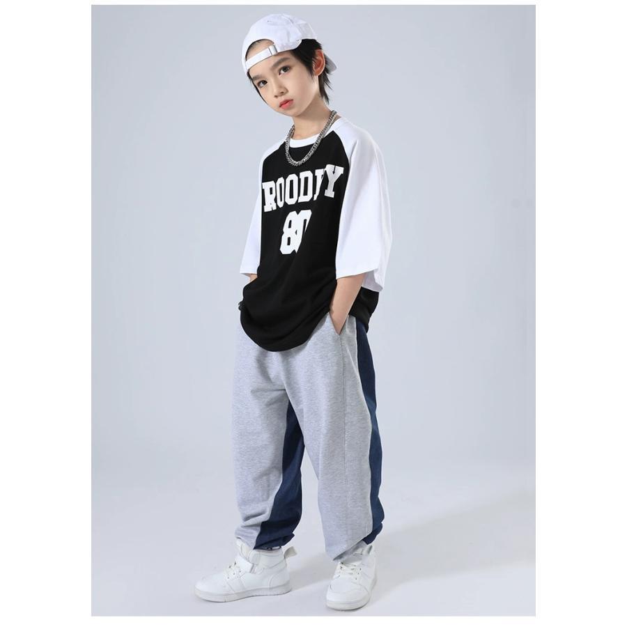 キッズ ダンス 衣装 黒 グレー ヒップホップ ダンス衣装 セットアップ 子供ダンス服 派手 韓国 K-POP Tシャツ パンツの画像