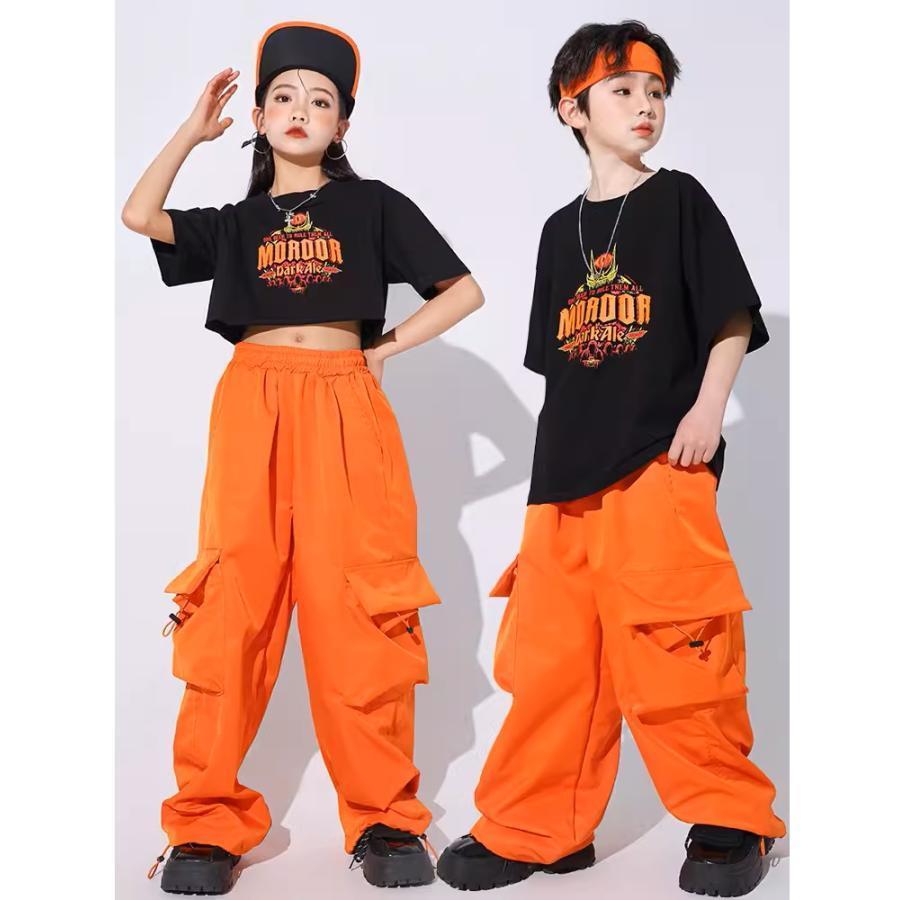 ヒップホップ 衣装 黒 オレンジ キッズダンス衣装 セットアップ 子供