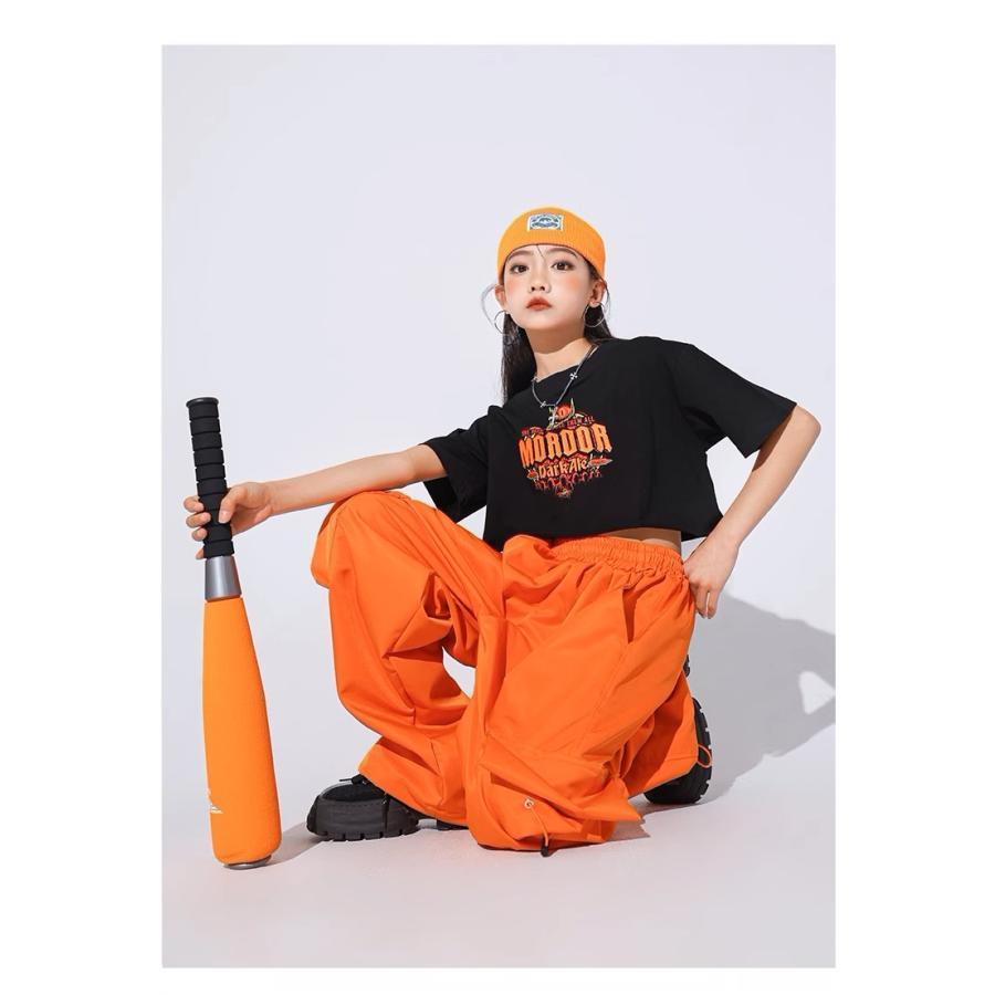 ヒップホップ 衣装 黒 オレンジ キッズダンス衣装 セットアップ