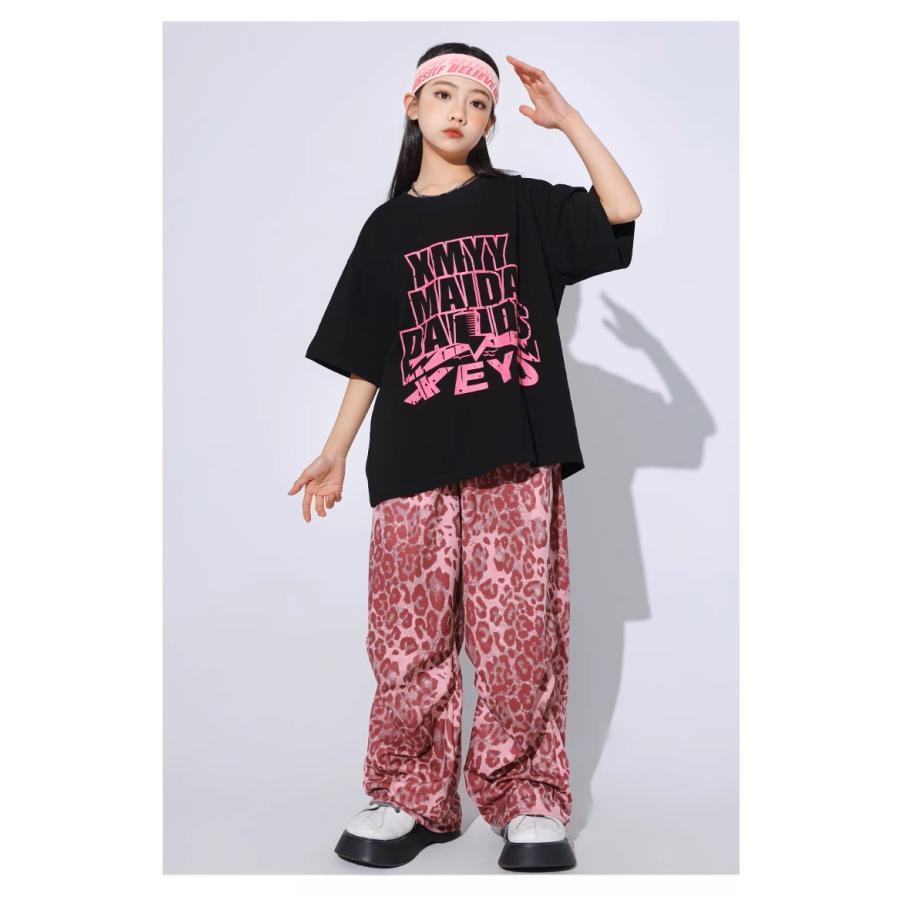 ヒップホップ 衣装 黒 ピンク ヒョウ柄 キッズダンス衣装