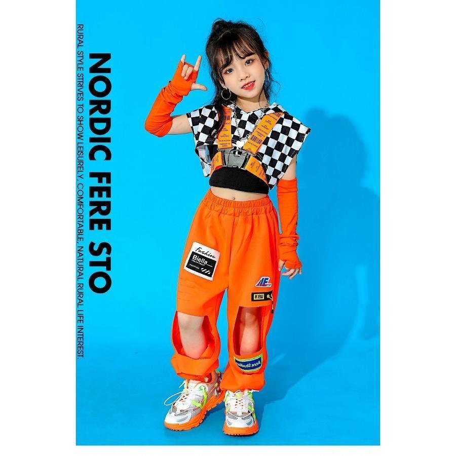 キッズダンス衣装 セットアップ ガールズ ヒップホップ 派手 へそ出し トップス パンツ K-POP 韓国 黒 オレンジ フラッグチェックの画像