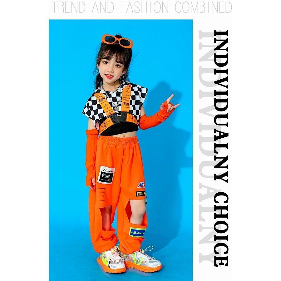 キッズダンス衣装 セットアップ ガールズ ヒップホップ 派手 へそ出し トップス パンツ K-POP 韓国 黒 オレンジ フラッグチェックの画像