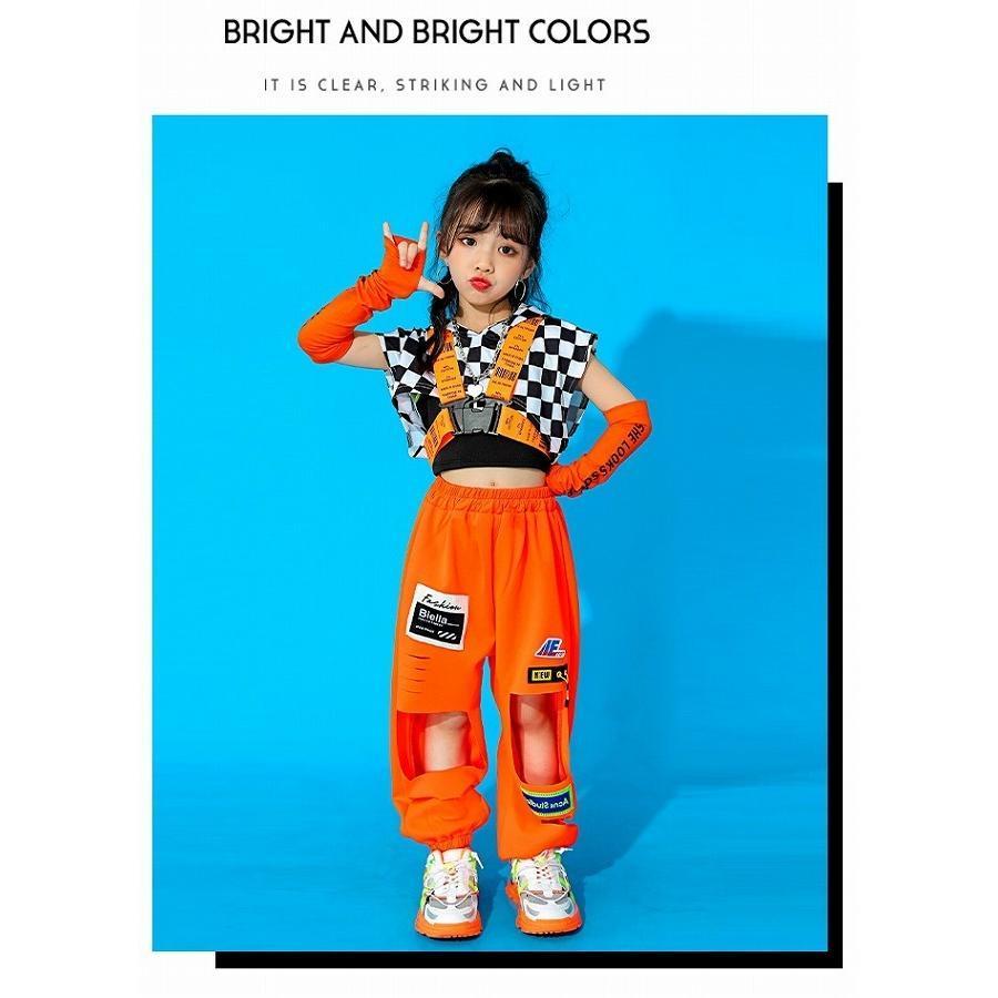 キッズダンス衣装 セットアップ ガールズ ヒップホップ 派手 へそ出し トップス パンツ K-POP 韓国 黒 オレンジ フラッグチェックの画像