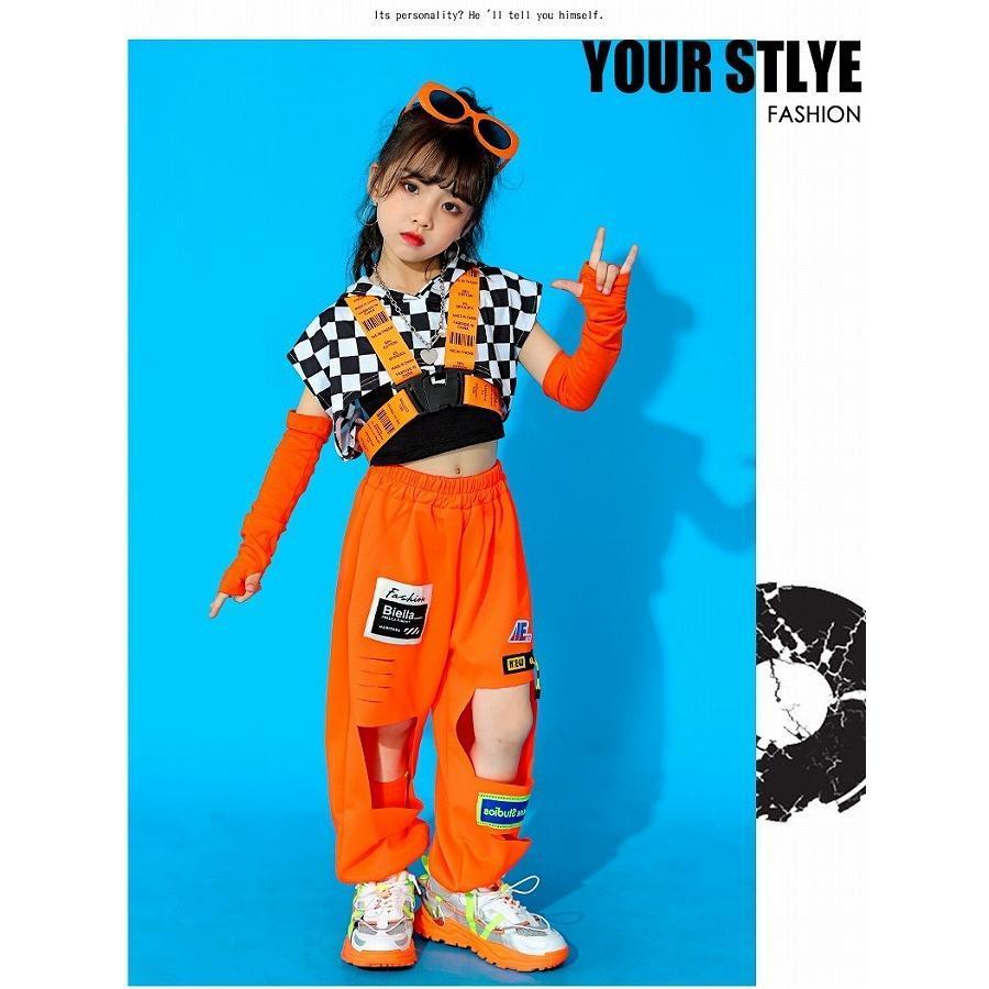 キッズダンス衣装 セットアップ ガールズ ヒップホップ 派手 へそ出し トップス パンツ K-POP 韓国 黒 オレンジ フラッグチェックの画像