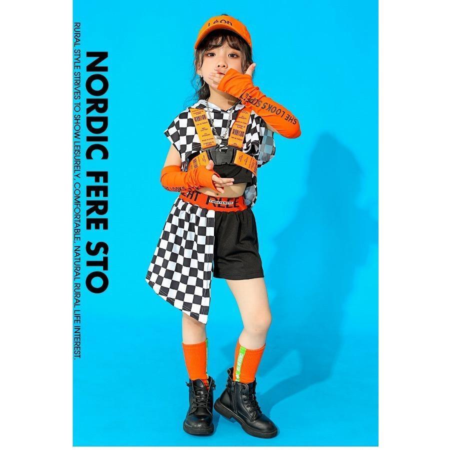 キッズダンス衣装 セットアップ ガールズ ヒップホップ 派手 へそ出し トップス パンツ K-POP 韓国 黒 オレンジ フラッグチェックの画像