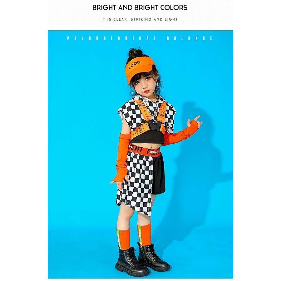 キッズダンス衣装 セットアップ ガールズ ヒップホップ 派手 へそ出し トップス パンツ K-POP 韓国 黒 オレンジ フラッグチェックの画像