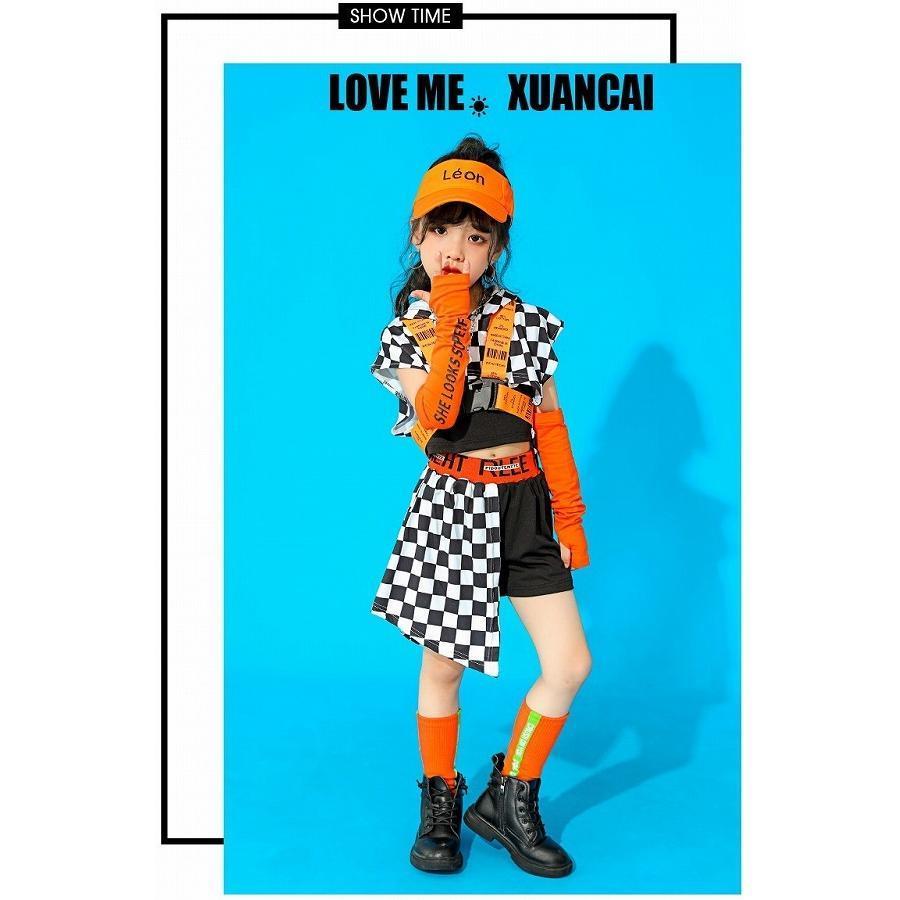 キッズダンス衣装 セットアップ ガールズ ヒップホップ 派手 へそ出し トップス パンツ K-POP 韓国 黒 オレンジ フラッグチェックの画像