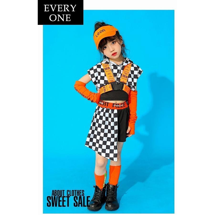 キッズダンス衣装 セットアップ ガールズ ヒップホップ 派手 へそ出し トップス パンツ K-POP 韓国 黒 オレンジ フラッグチェックの画像