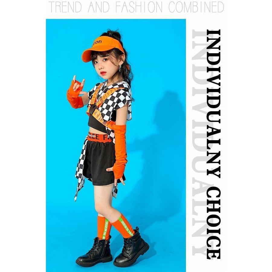 キッズダンス衣装 セットアップ ガールズ ヒップホップ 派手 へそ出し トップス パンツ K-POP 韓国 黒 オレンジ フラッグチェックの画像