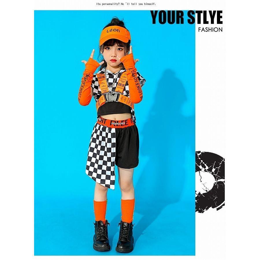 キッズダンス衣装 セットアップ ガールズ ヒップホップ 派手 へそ出し トップス パンツ K-POP 韓国 黒 オレンジ フラッグチェックの画像