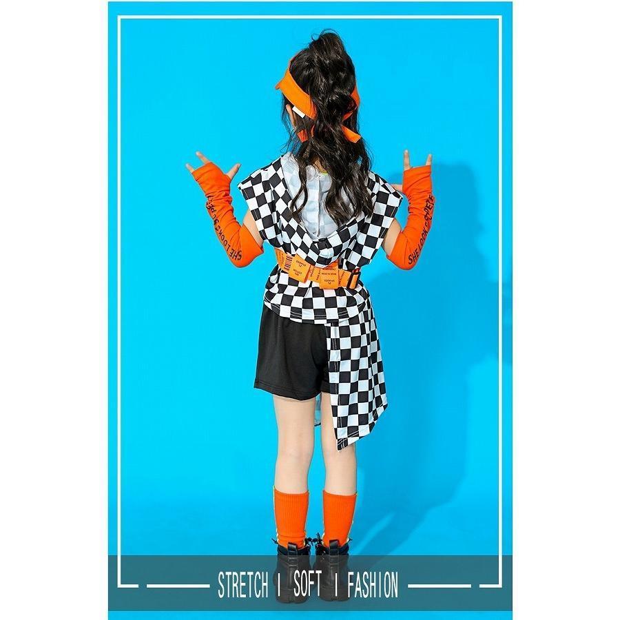 キッズダンス衣装 セットアップ ガールズ ヒップホップ 派手 へそ出し トップス パンツ K-POP 韓国 黒 オレンジ フラッグチェックの画像