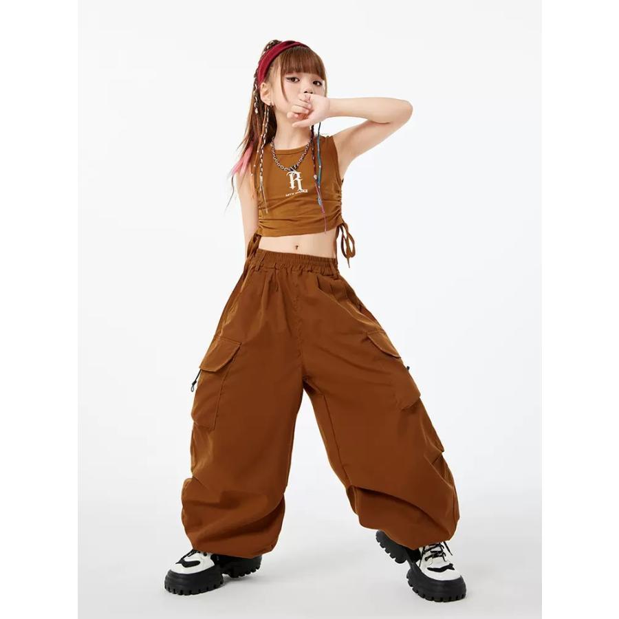 ヒップホップ 衣装 セットアップ 子供ダンス服 ダンスウェア キッズダンス衣装 トップス カーゴパンツ 紫 オレンジ 赤 カーキ 茶色 白｜greensmiling｜13