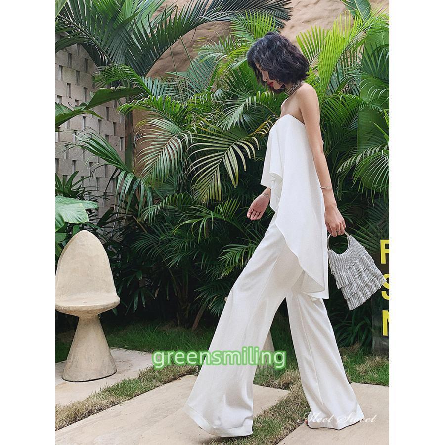 ベアセットアップ　二次会　パンツドレス　花嫁 カラードレス パンツドレス ホワイト ブラック ベアトップ パーティー