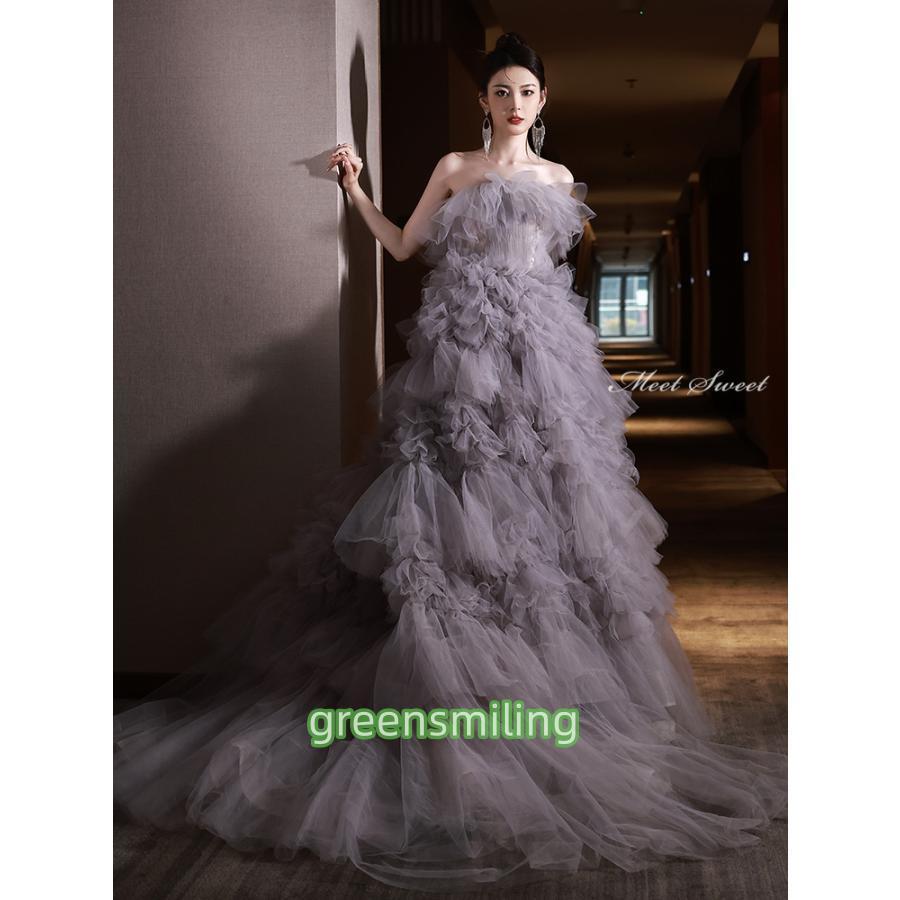 カラードレス ロングドレス プリンセスドレス ピンク フリル 結婚式