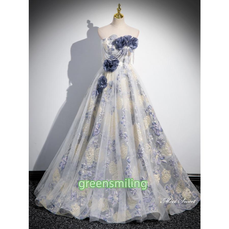 カラードレス 2Way ロングドレス パーティードレス イー 花柄 青 ウェディングドレス ウエディングドレス 結婚式 二次会 花嫁 前撮り 演奏会 発表会 | ブランド登録なし | 01