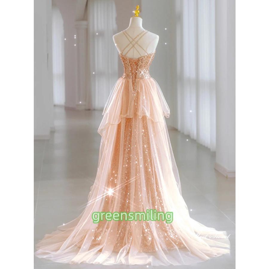 カラードレス ロングドレス パーティードレス ピンクゴールド キラキラ