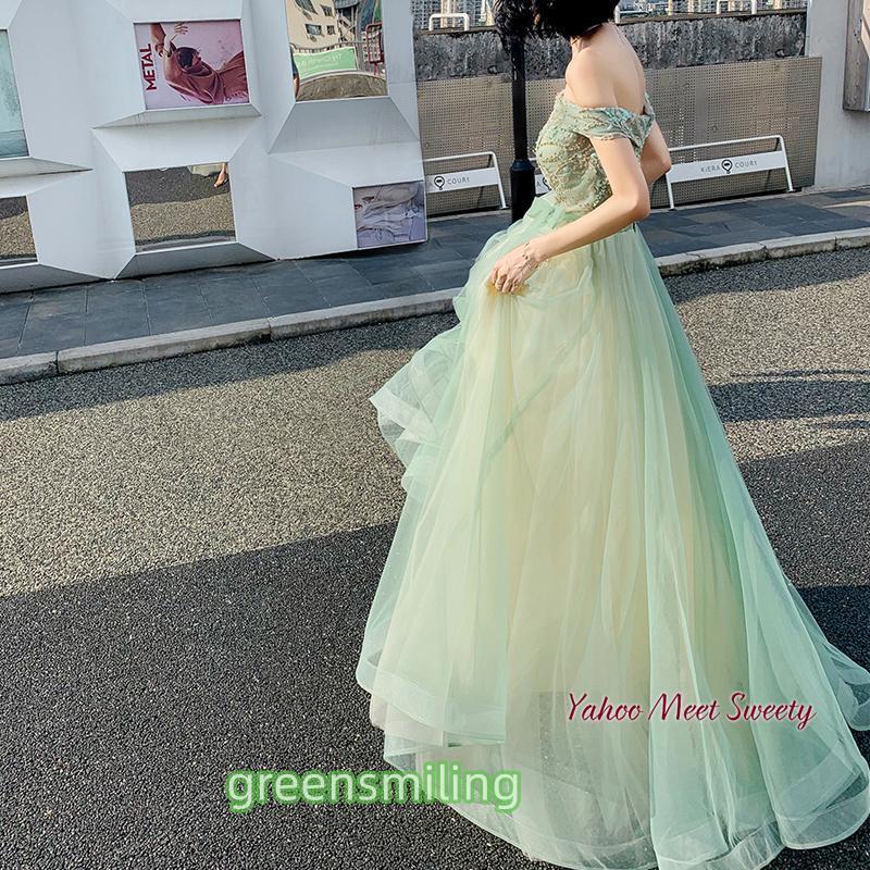 カラードレス パーティードレス オフショルダー 編み上げ グリーン ロングドレス Aライン 花嫁 結婚式 二次会 演奏会 発表会 披露宴 イブニングドレス チュールの画像