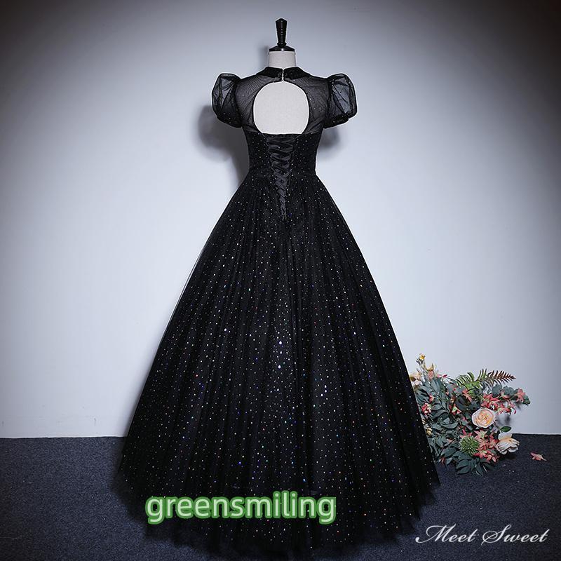 カラードレス 編み上げ ブラック 黒 袖付き ロングドレス 結婚式