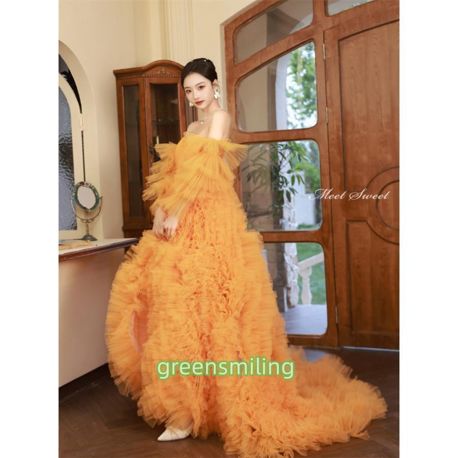 カラードレス ロングドレス プリンセスドレス オレンジ フリル 結婚式
