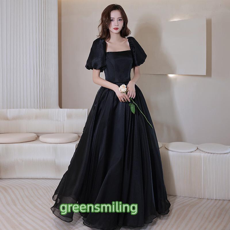 någonting ブラック パフスリーブ ロングドレス S カラードレス カクテルドレス パフスリーブ ブラック 純黒 編み上げ