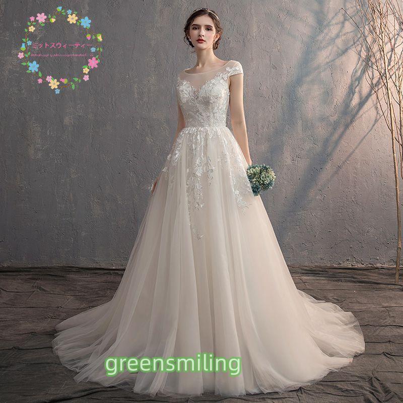 ウェディングドレス 花嫁 二次会 ウエディングドレス 結婚式 ロングドレス Aライン 床付き トレーン 教会挙式 披露宴 ブライダル クラシック 小柄 セミオーダー の商品画像