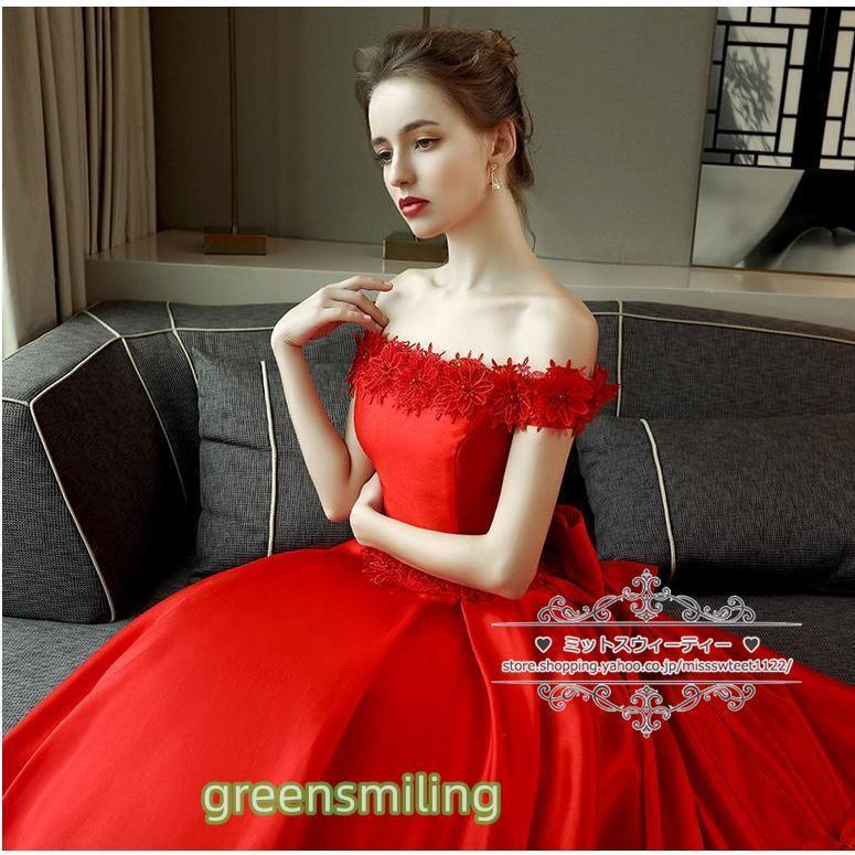 【美品】結婚式 二次会 カラードレスワンショルダーリボンドレス ウェディングドレス 白 赤 カラードレス リボン オフショルダー